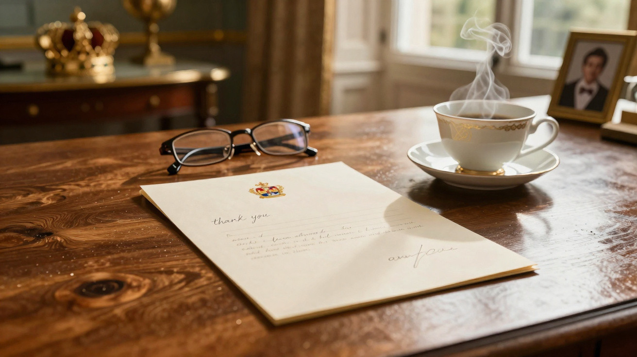 Carta escrita em inglês sobre mesa de madeira com óculos ao lado e xícara de chá fumegante.