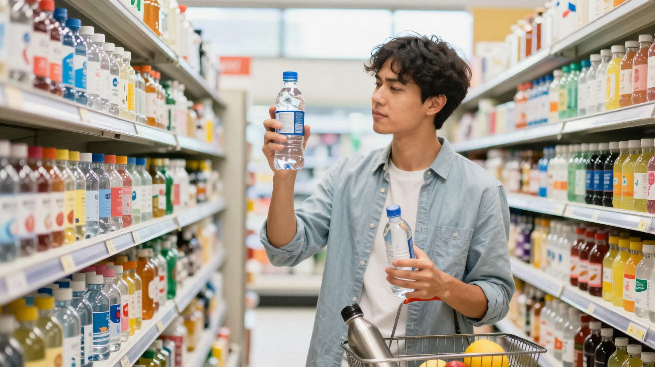 Jovem em corredor de supermercado segurando duas garrafas de água mineral para comparação.