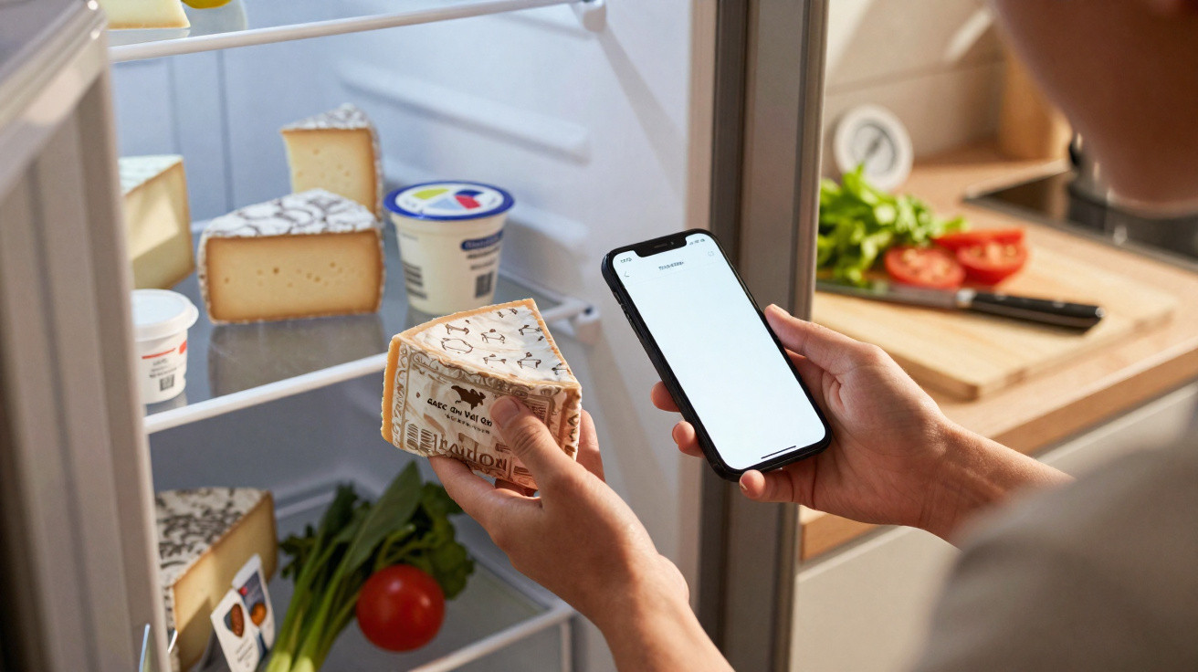 Pessoa segurando um pedaço de queijo e um celular em frente à geladeira aberta com alimentos.