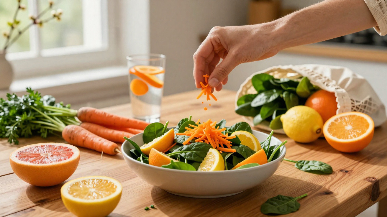 Mão colocando cenoura ralada em salada com folhas verdes e frutas cítricas em mesa de madeira.