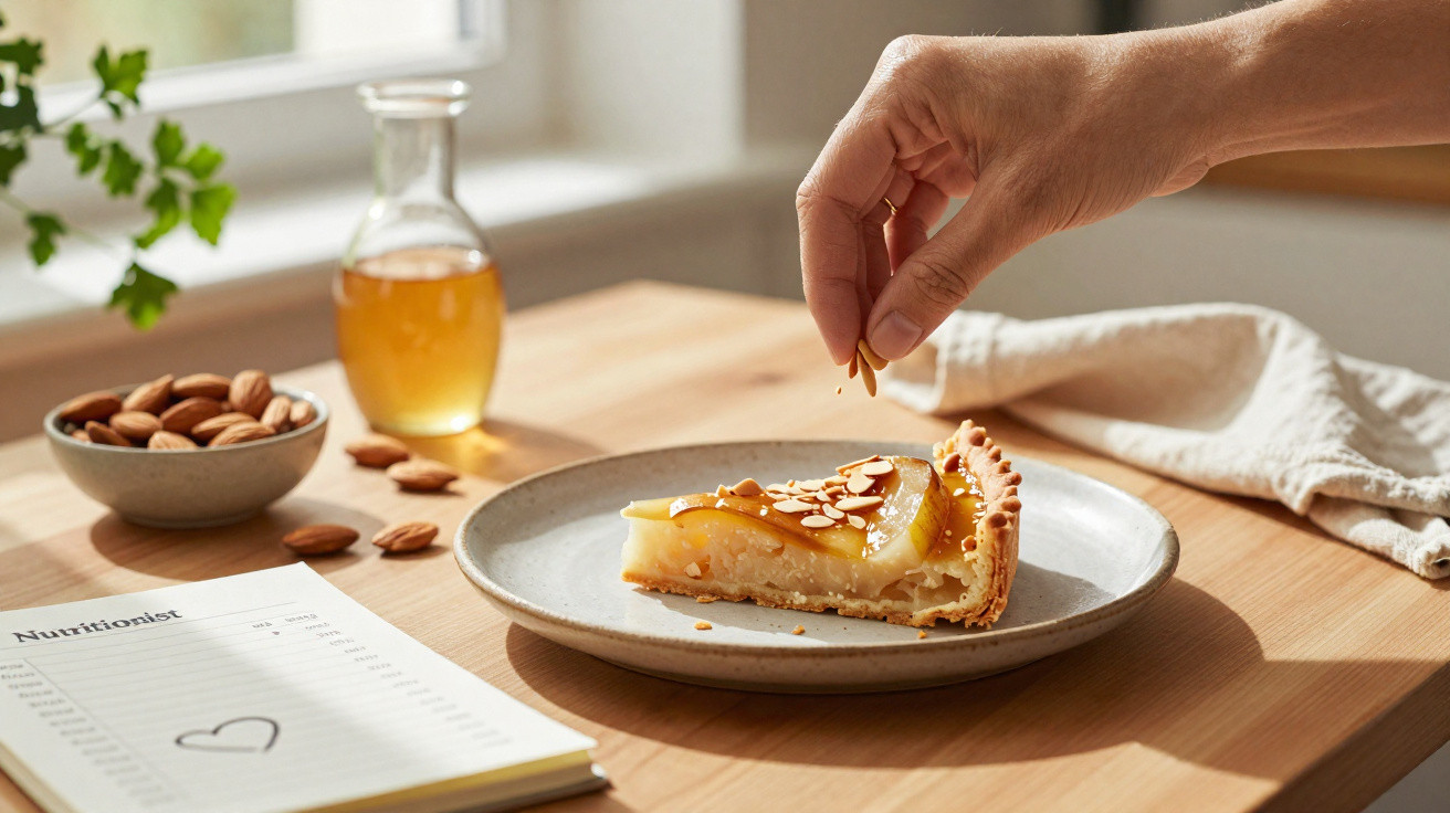 Mão polvilhando fatia de torta com amêndoas em prato cinza sobre mesa de madeira.
