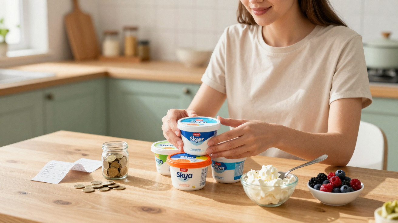 Mulher em cozinha segurando iogurte Skyr, com potes, potes de frutas e moedas sobre mesa de madeira.