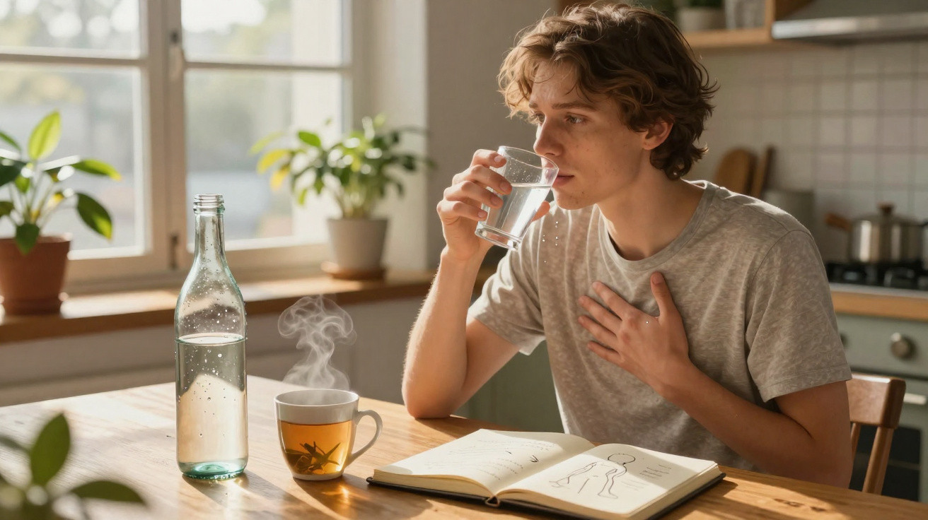 Jovem de camiseta cinza sentado à mesa bebendo água, com livro aberto e chá quente à frente.