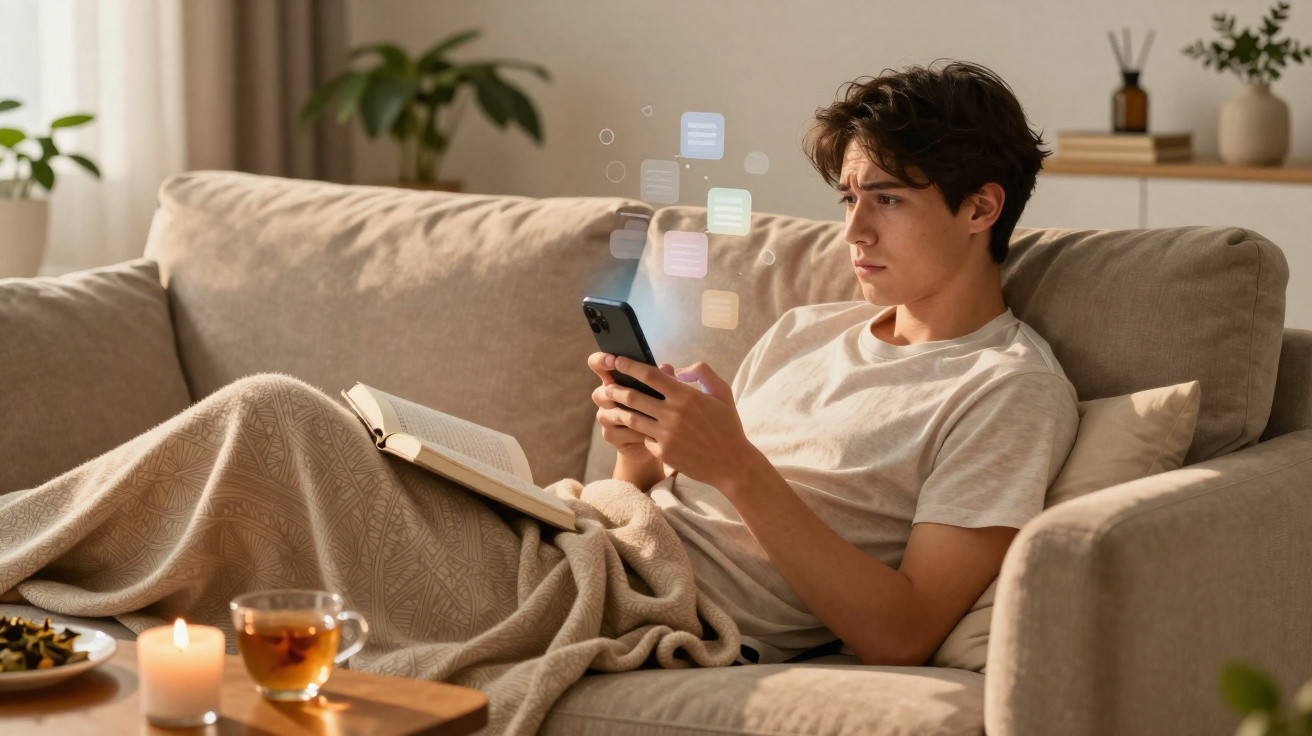 Jovem sentado no sofá coberto com manta, lendo livro e usando celular, com chá e vela acesa na mesa.