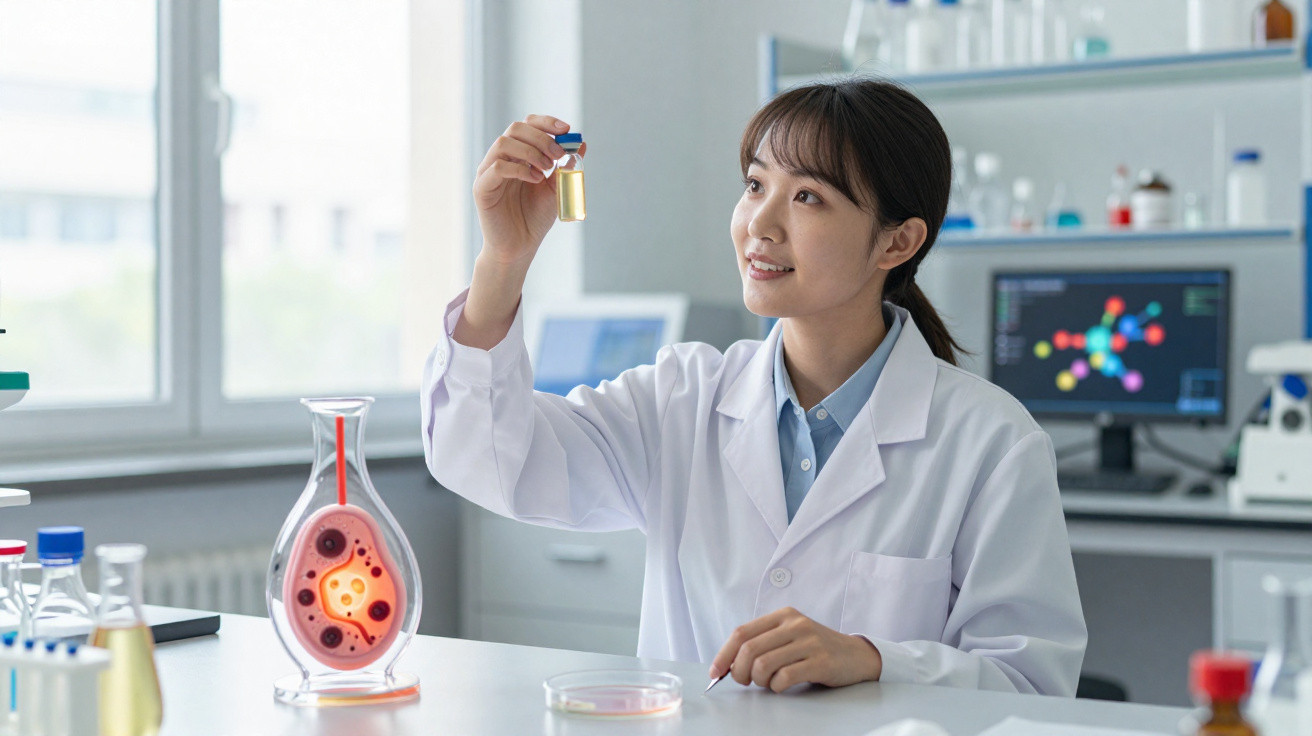 Cientista mulher analisando amostra em tubo de ensaio em laboratório com equipamentos científicos ao fundo.