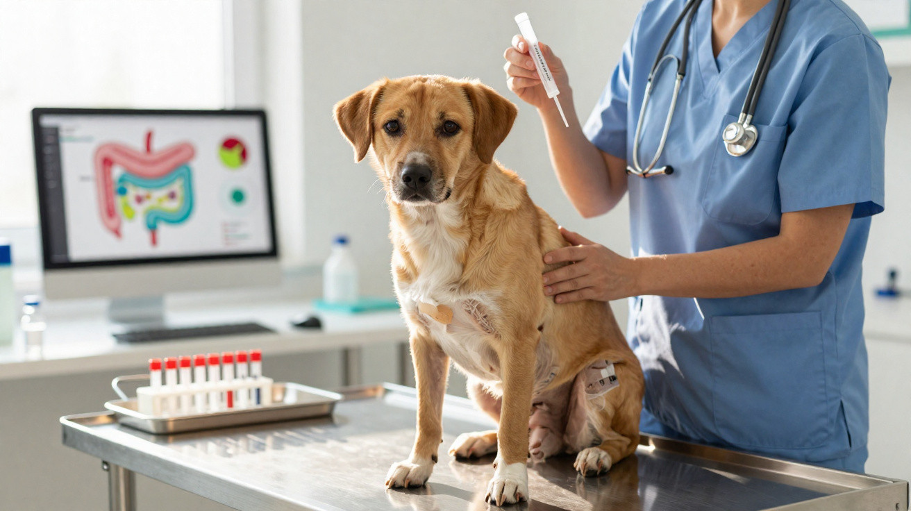 Veterinário segura termômetro e examina cachorro marrom claro em clínica com mesa inox e computador ao fundo.