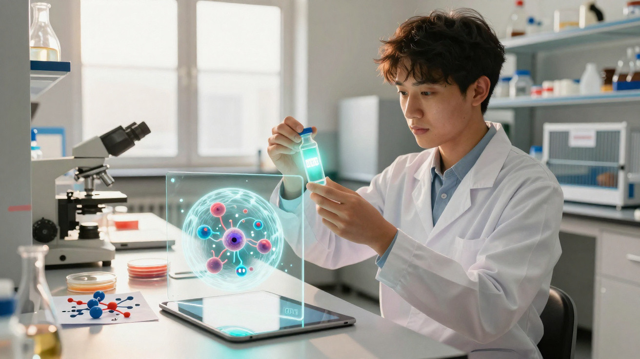 Cientista jovem em laboratório analisando frasco com holograma de molécula sobre tablet na mesa.