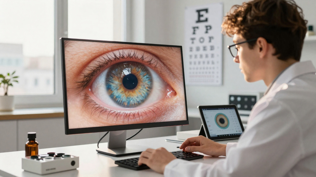 Oftalmologista analisando imagem ampliada de olho colorido em monitor no consultório.