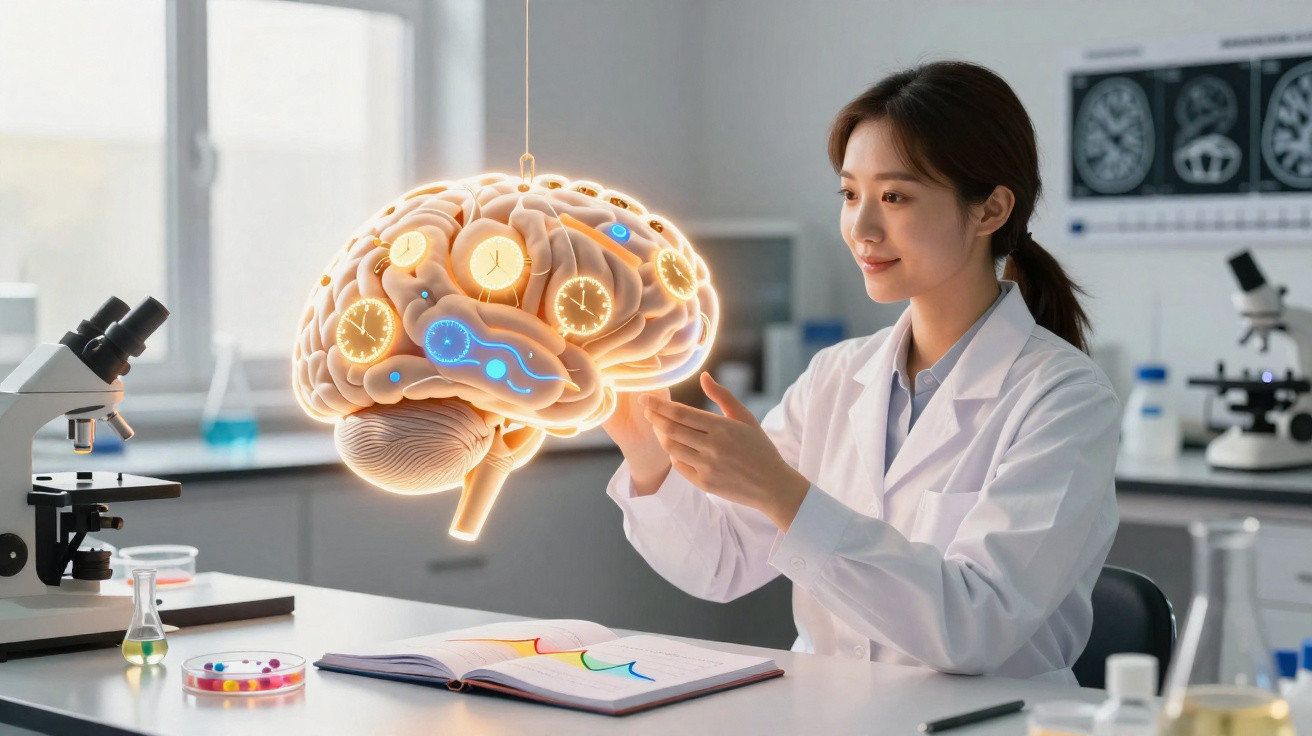 Pesquisadora em laboratório analisa modelo holográfico de cérebro com relógios e conexões iluminadas.