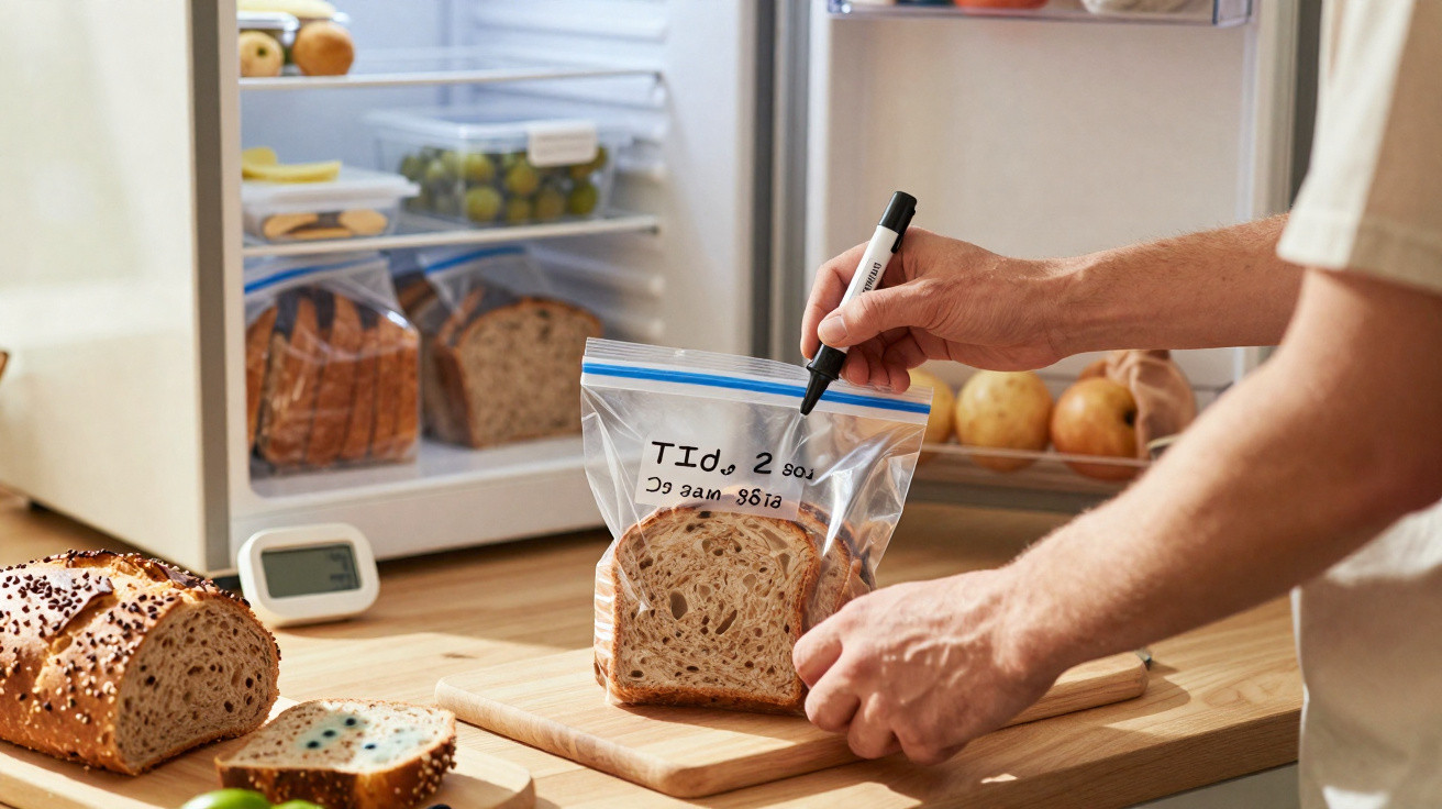 Pessoa etiquetando pão dentro de saco plástico transparente na cozinha, com geladeira ao fundo.