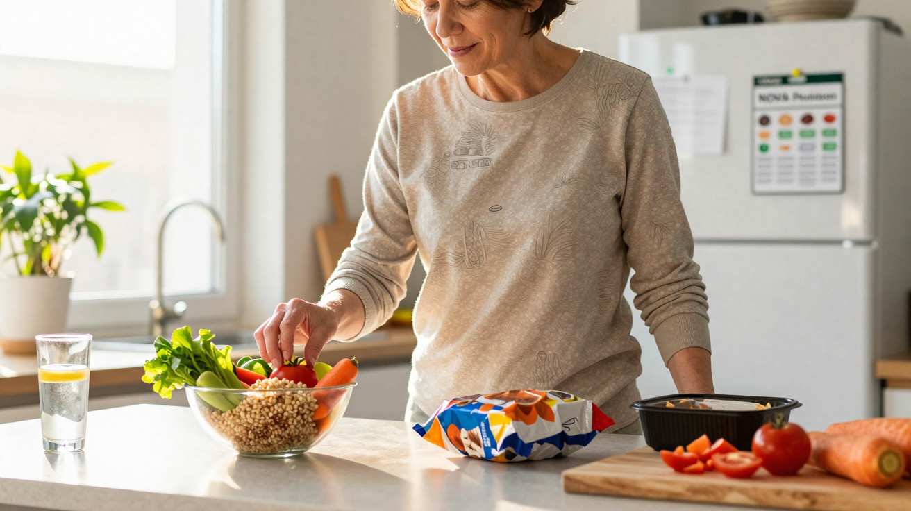 Mulher preparando salada com vegetais frescos em cozinha iluminada pela manhã.