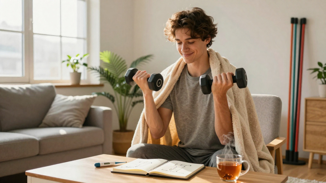 Jovem sorridente fazendo exercícios com halteres sentado, coberto por cobertor, com diário e chá na mesa.