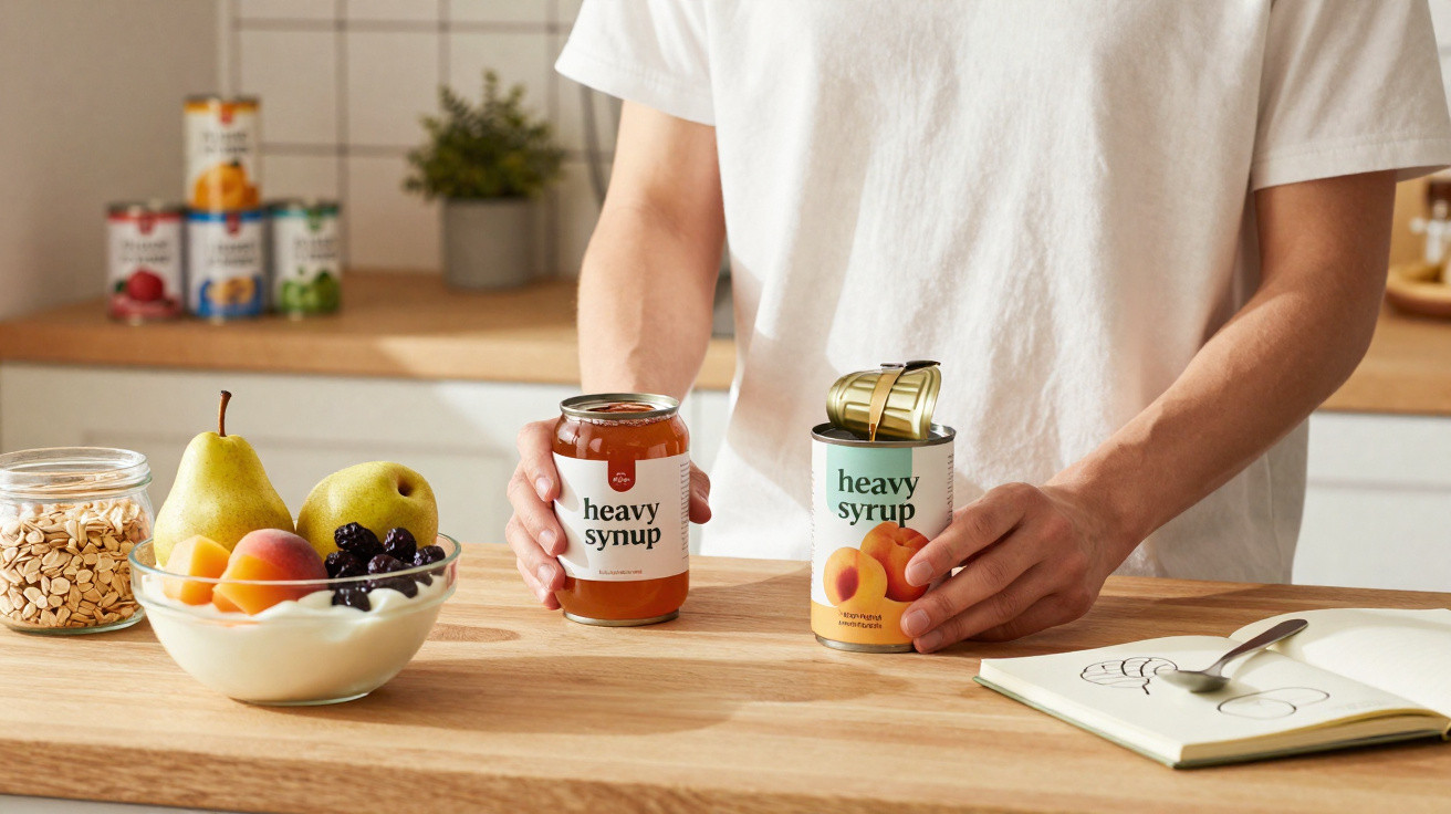 Pessoa segurando pote e lata com rótulo "heavy syrup" em cozinha com frutas e caderno sobre a mesa.