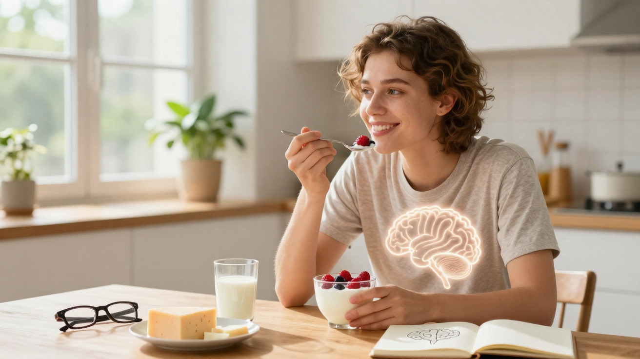 Jovem comendo iogurte com frutas vermelhas na cozinha, com desenho iluminado do cérebro no peito.