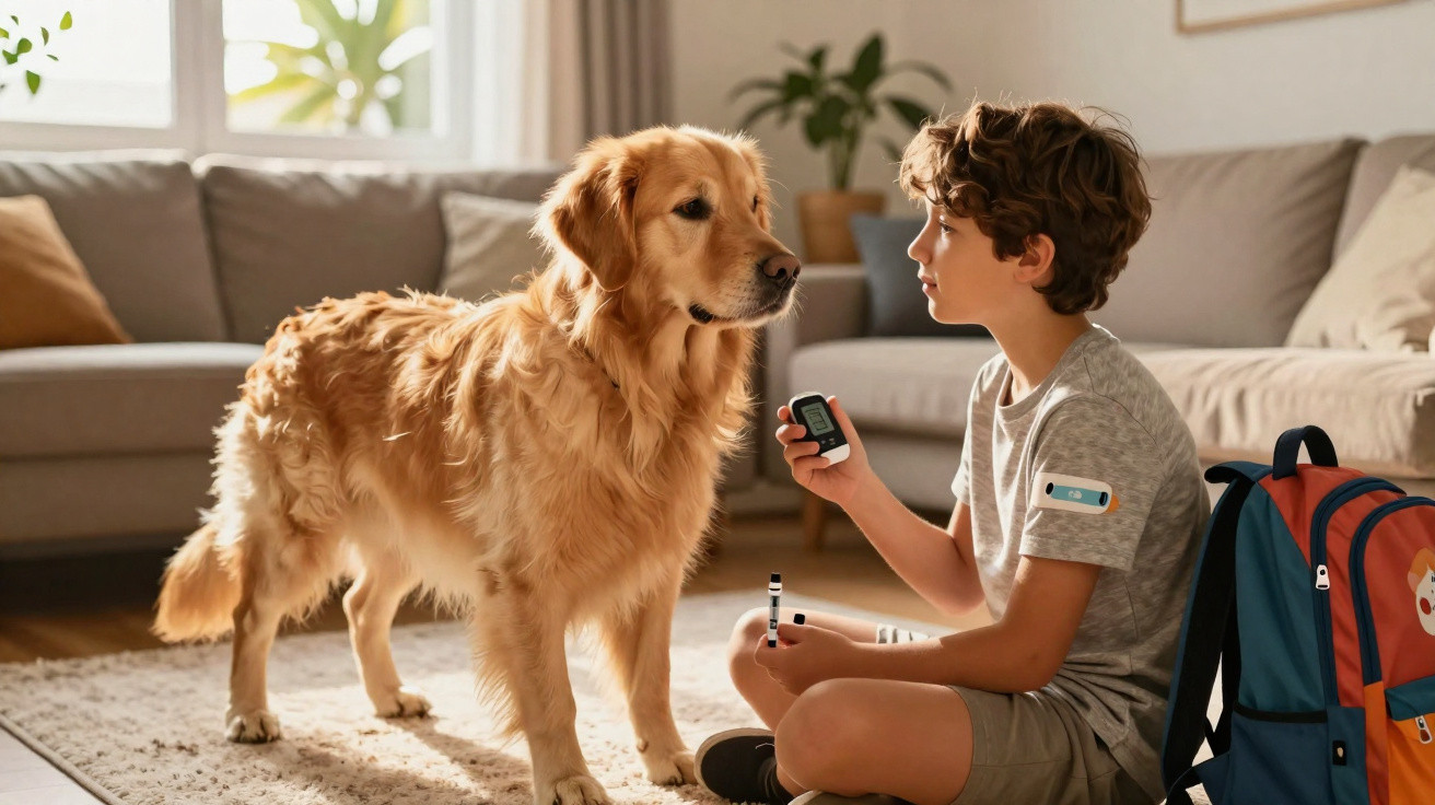 Menino sentado no chão medindo glicose com aparelho, ao lado de cachorro Golden Retriever em sala.