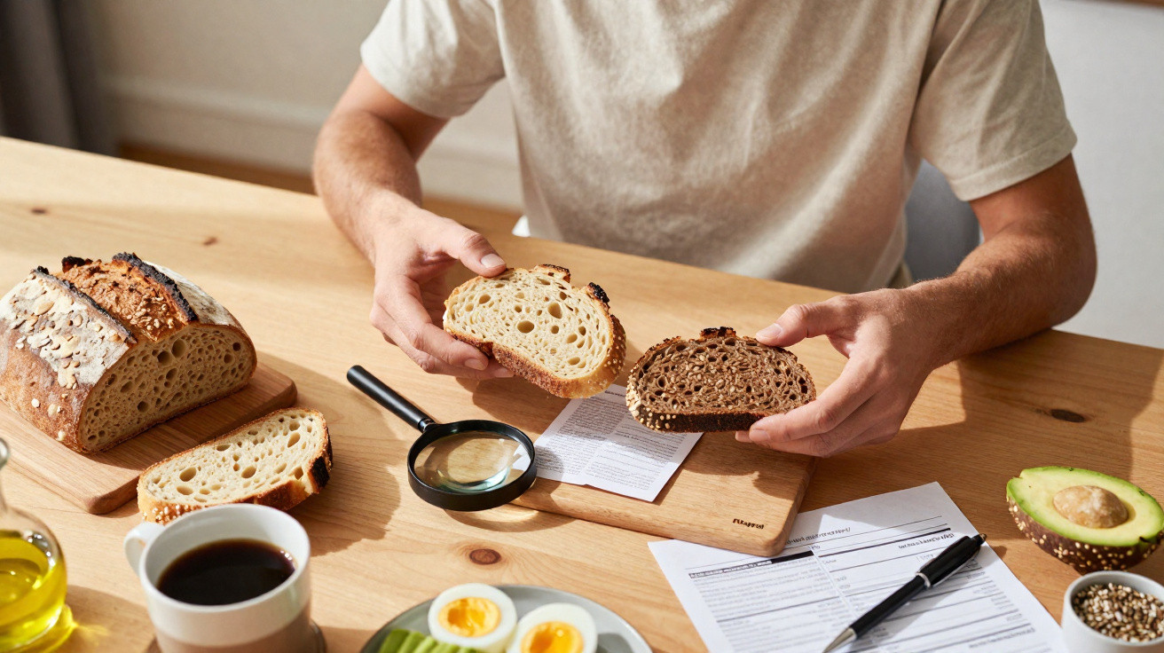 Pessoa comparando fatias de pão integral e branco em mesa com café, abacate e ovos cozidos.