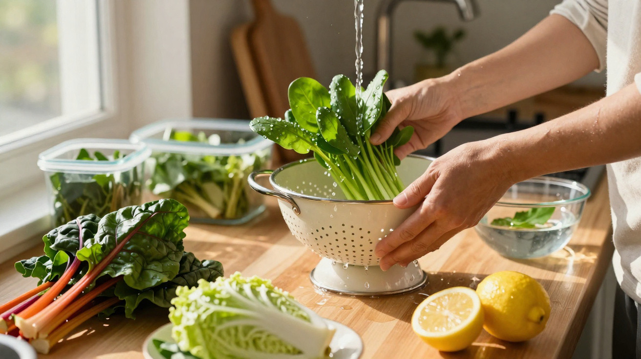 Pessoa lavando folhas verdes em escorredor na cozinha, com limões e verduras sobre a bancada.