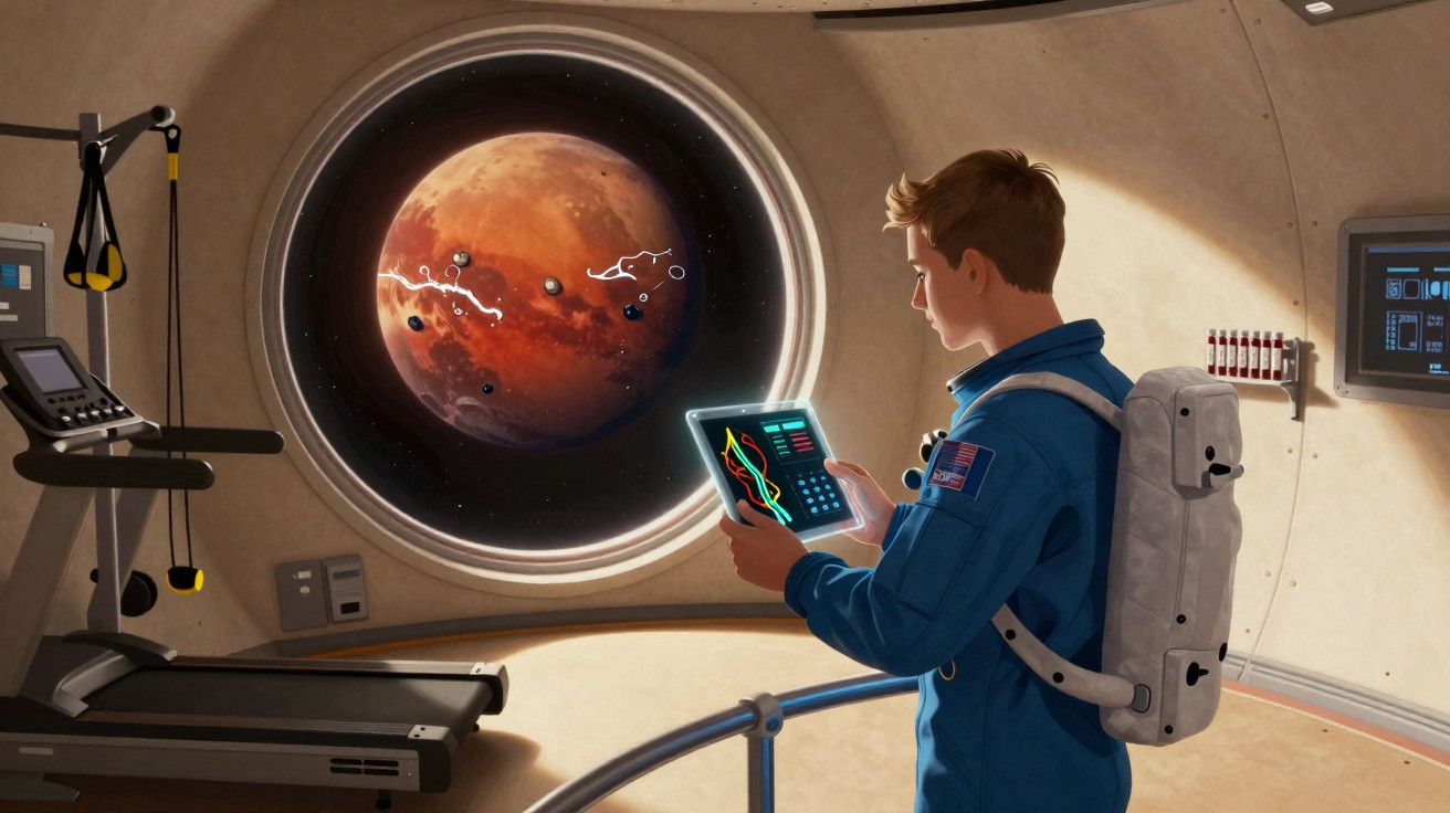 Astronauta em traje azul observa planeta vermelho pela janela de nave espacial, segurando tablet digital.