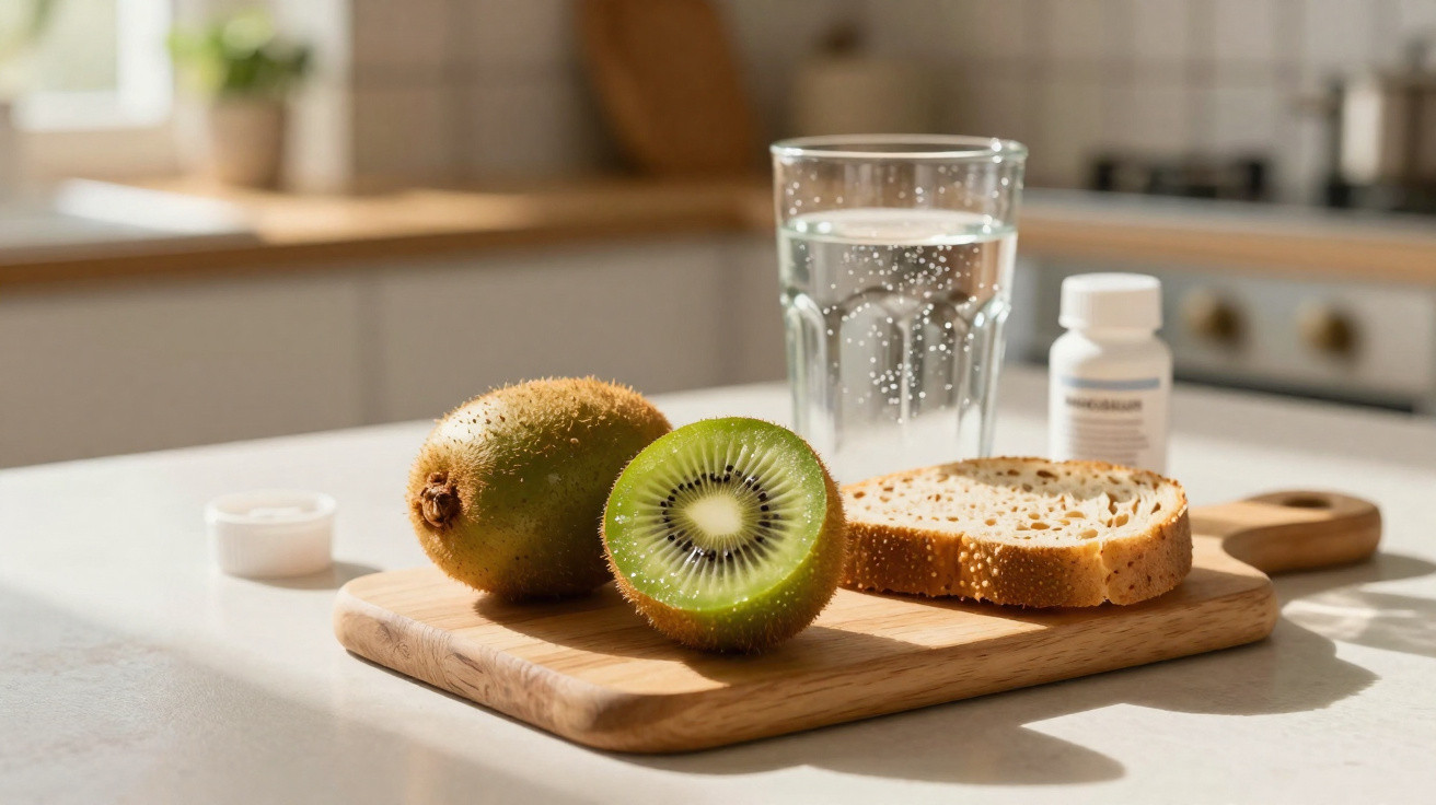 Frutas kiwi, fatia de pão, copo d'água e frasco de medicamento sobre tábua na bancada da cozinha.