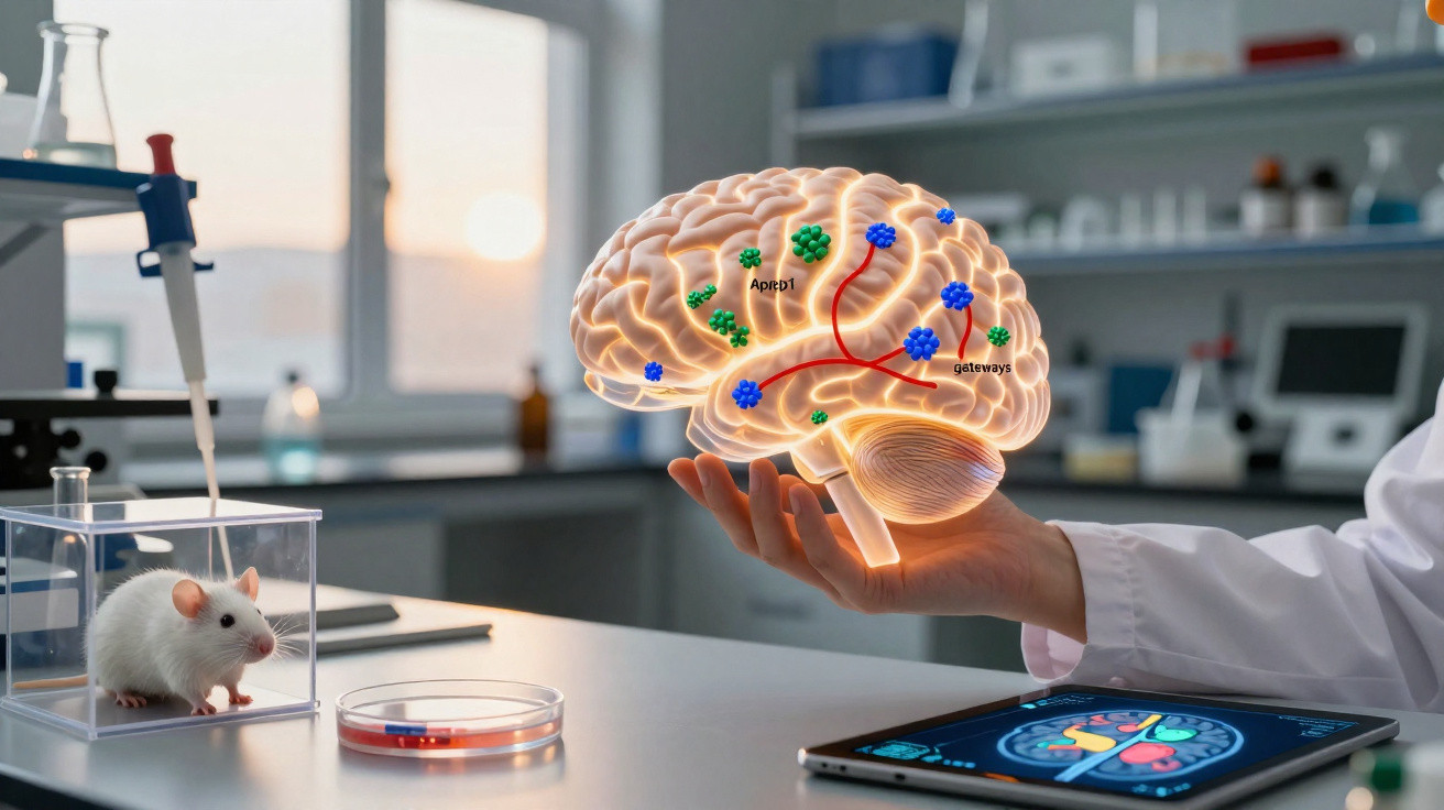 Laboratório com rato branco, cérebro holográfico e tablet mostrando imagem cerebral em mãos de cientista.