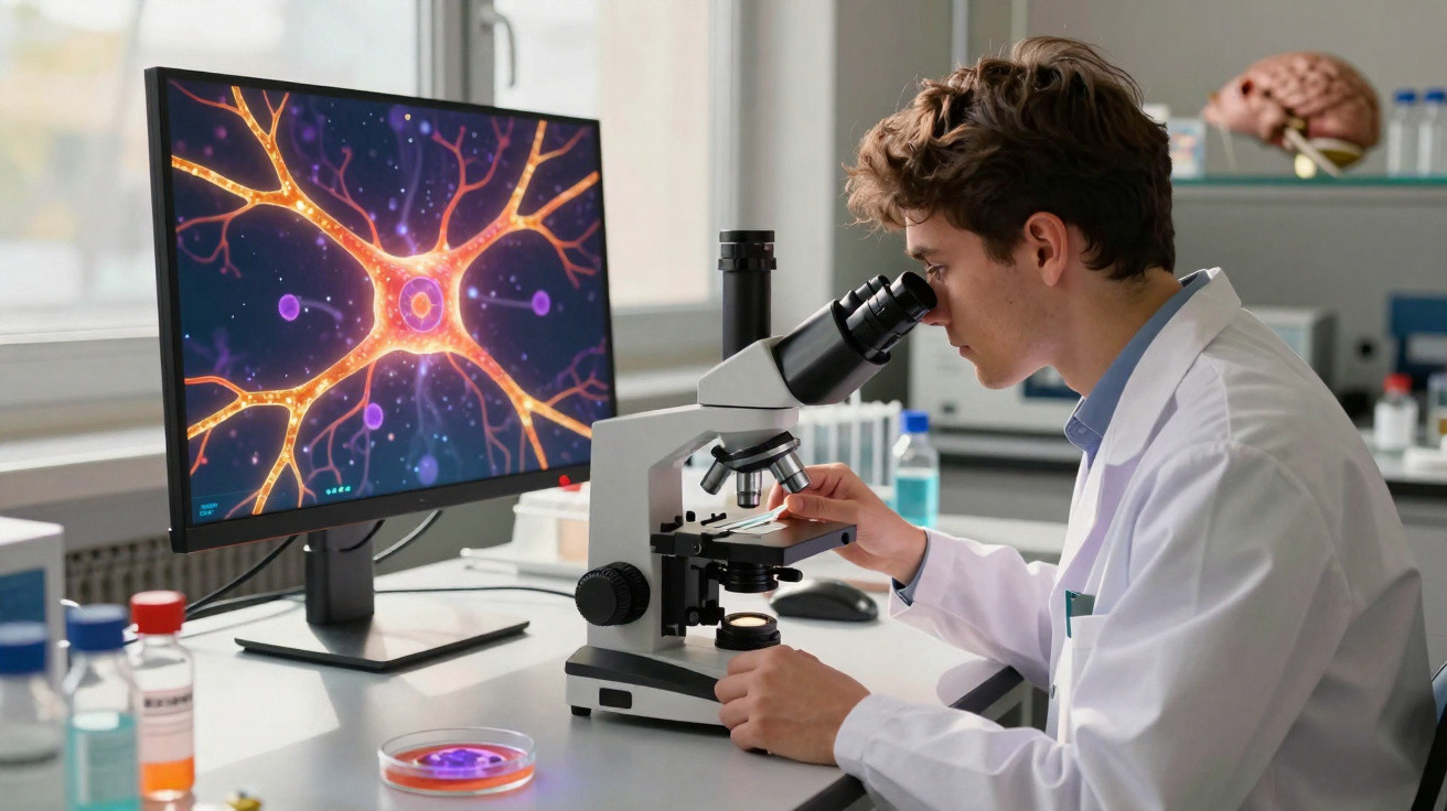 Jovem cientista usando microscópio em laboratório, com imagem de neurônio em monitor ao lado.