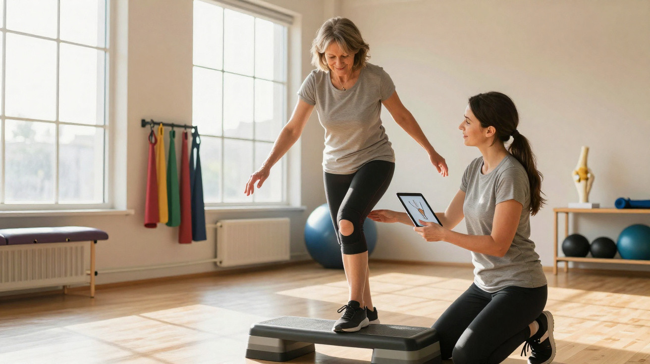 Mulher mais velha fazendo exercício em step com orientação de fisioterapeuta em clínica de reabilitação.