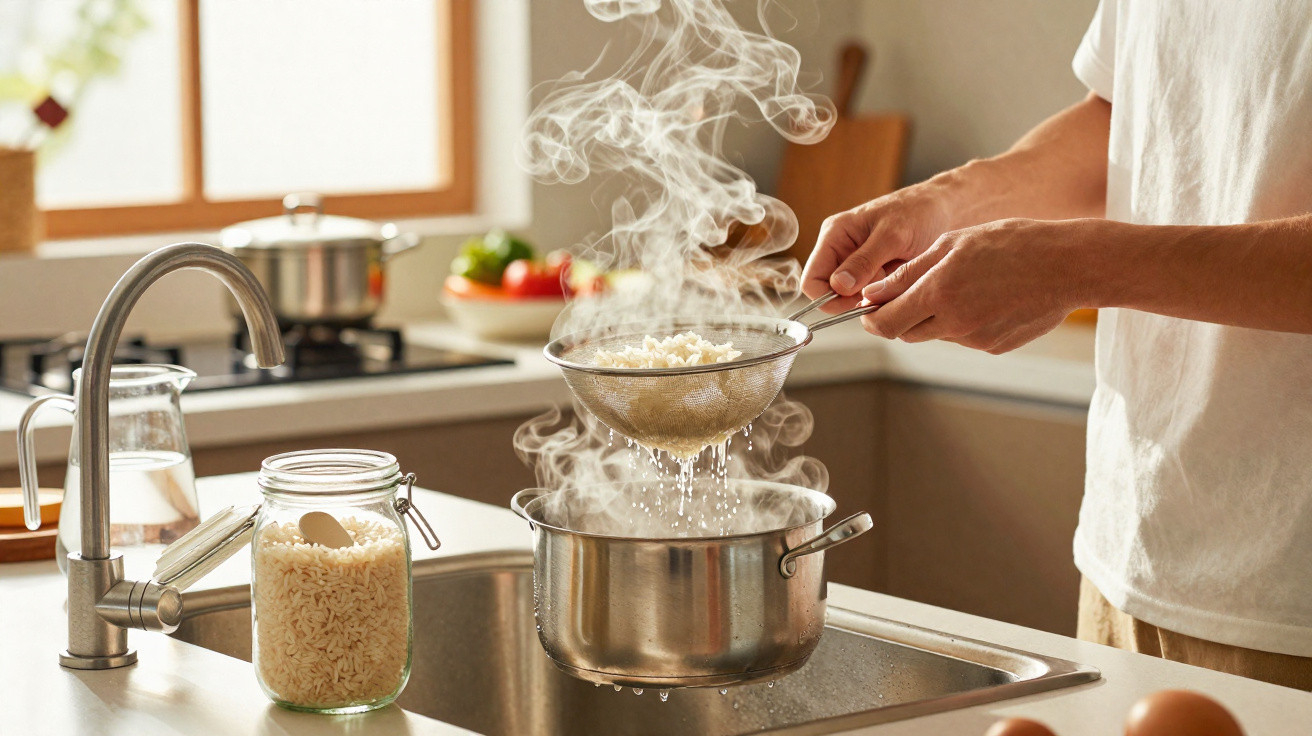 Pessoa coando arroz cozido em peneira sobre panela com vapor em cozinha iluminada.