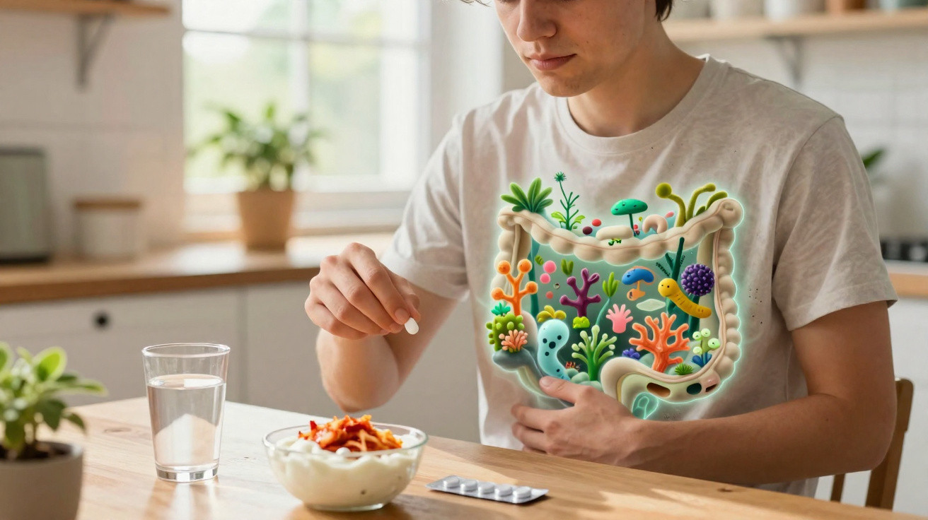 Pessoa tomando comprimido para o intestino com ilustração colorida de microbioma no abdômen.