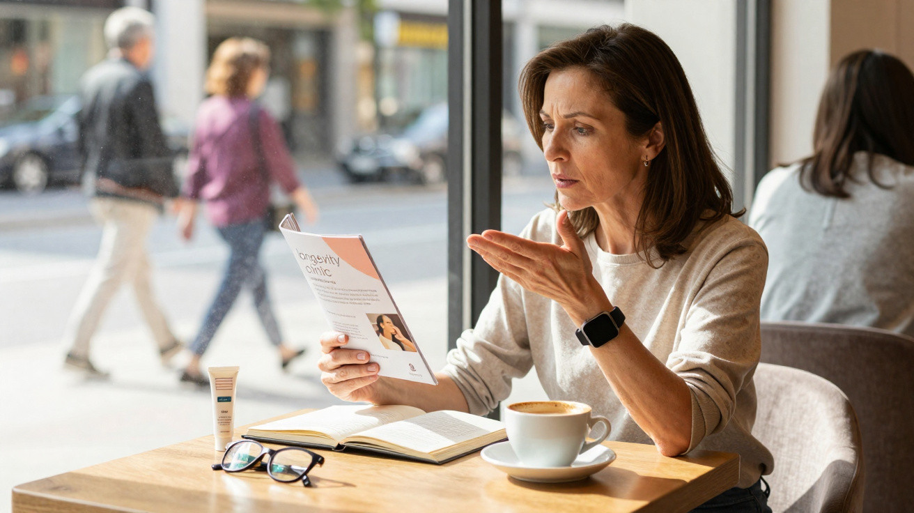 Mulher sentada em cafeteria lendo folheto informativo, com livro, óculos e xícara de café na mesa.