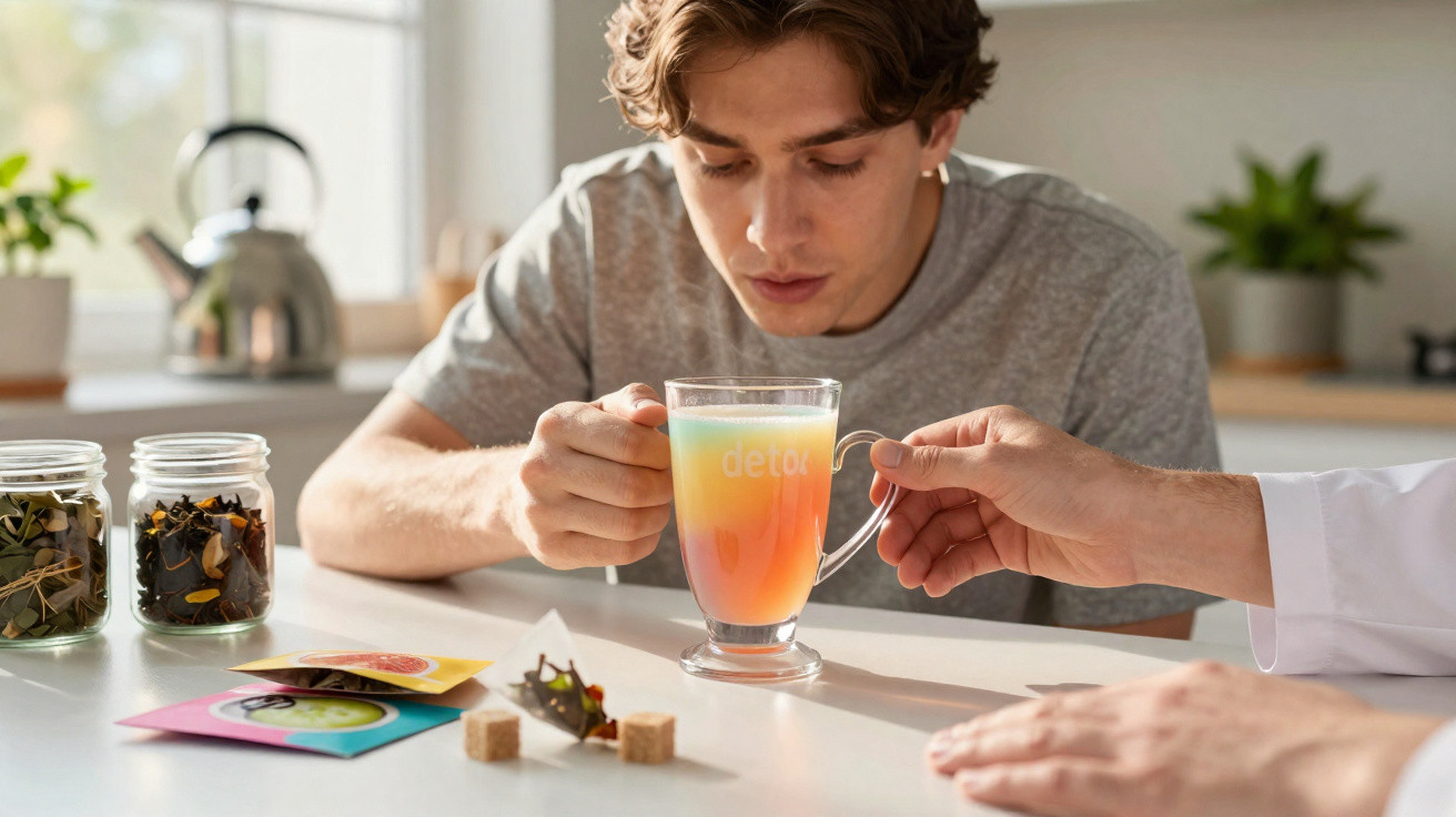 Jovem recebendo uma xícara de chá detox com infusões naturais em cozinha iluminada.
