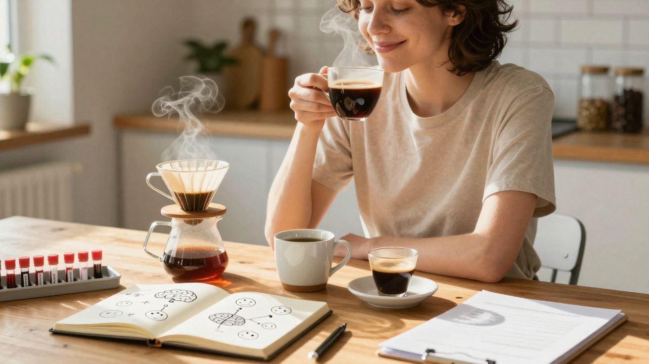 Mulher sentada à mesa saboreando café quente com livros e anotações à sua frente em ambiente iluminado.