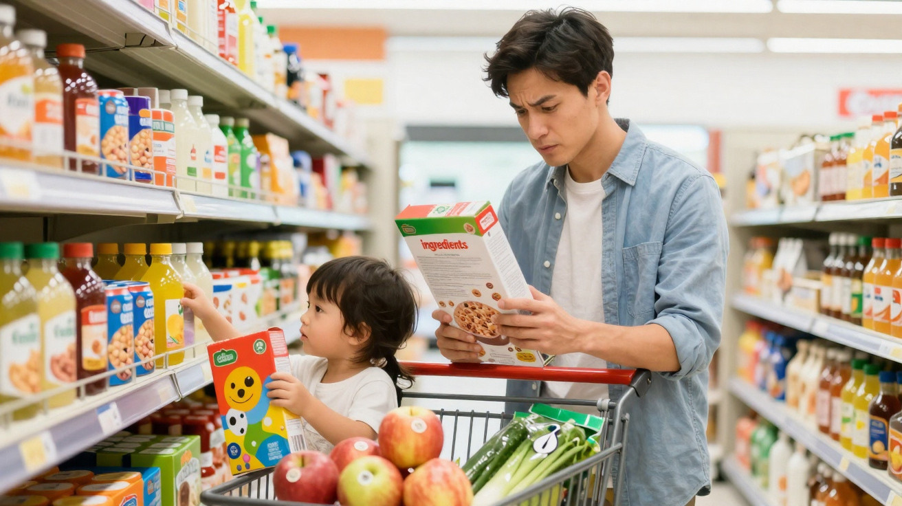 Homem e criança escolhem cereais na prateleira de supermercado com carrinho cheio de frutas e legumes.