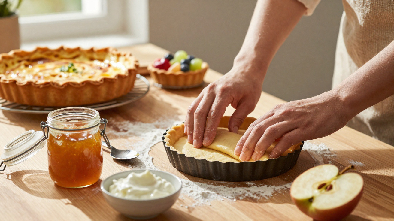 Pessoa abrindo massa de torta em forma com maçã e geleia sobre mesa de madeira.