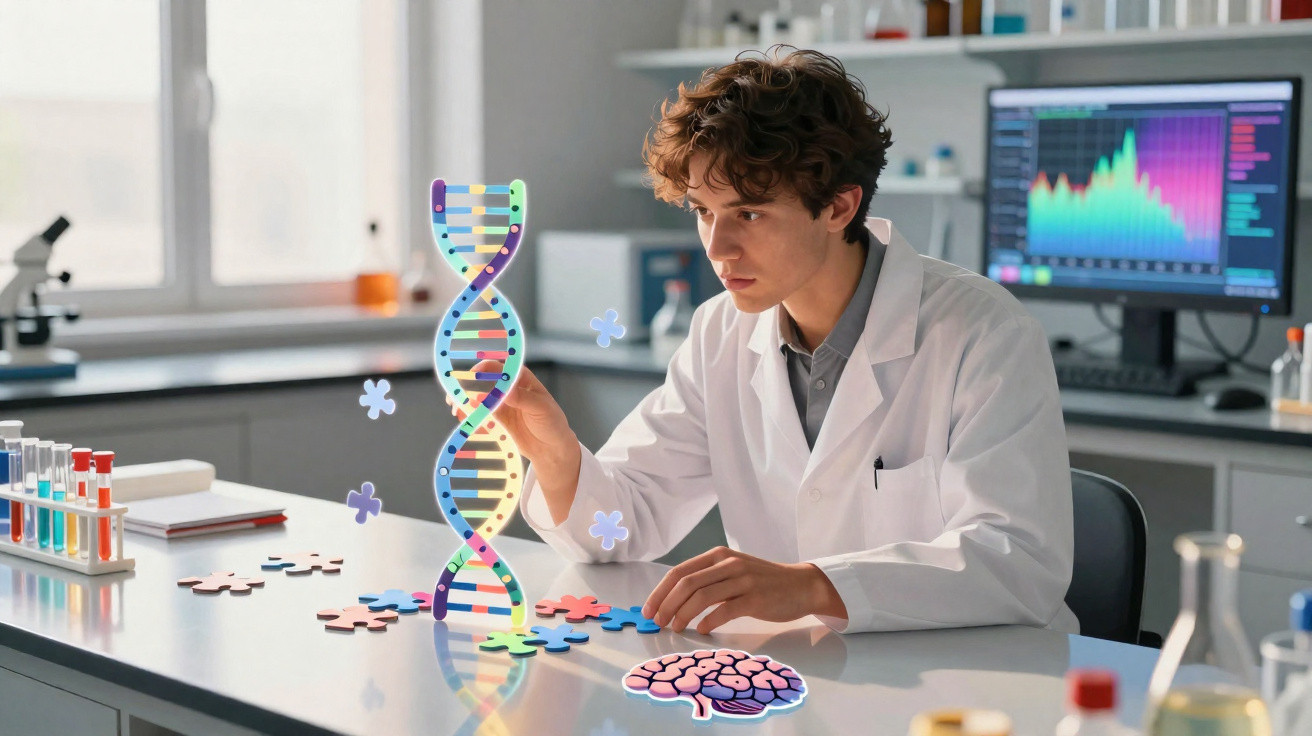 Jovem cientista em laboratório estudando uma ilustração holográfica de DNA e cérebro sobre a mesa.
