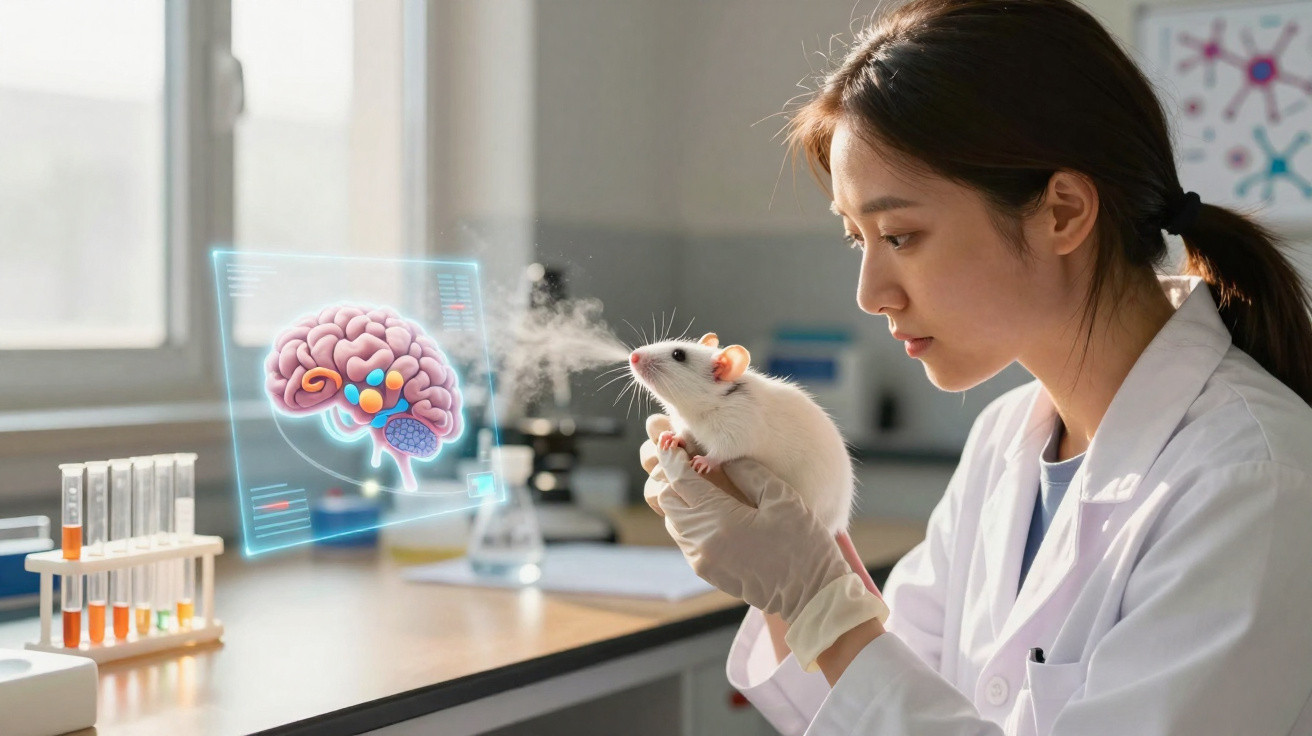 Cientista em laboratório segurando um rato branco com holograma de cérebro flutuando ao lado.