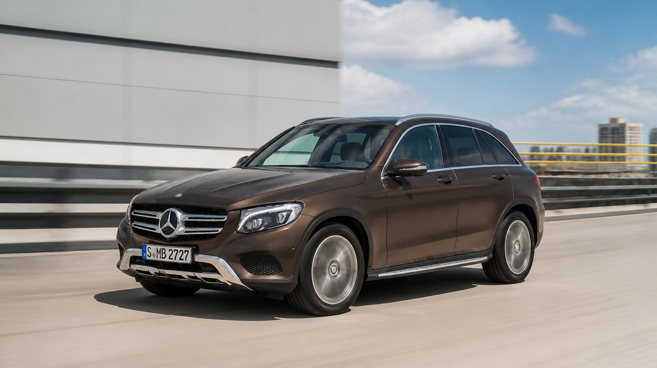 Carro SUV Mercedes-Benz marrom em movimento em via urbana com céu azul e nuvens ao fundo.