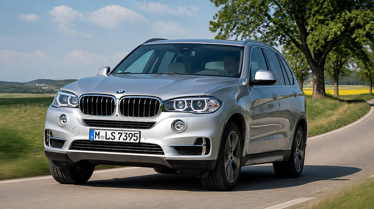 SUV BMW prata dirigindo em estrada rural com árvores e céu azul ao fundo.