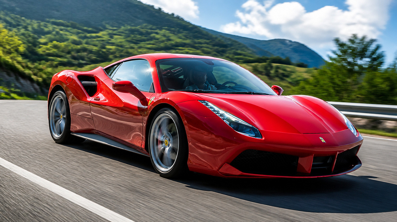 Carro esportivo vermelho em alta velocidade em estrada sinuosa com vegetação e montanhas ao fundo.
