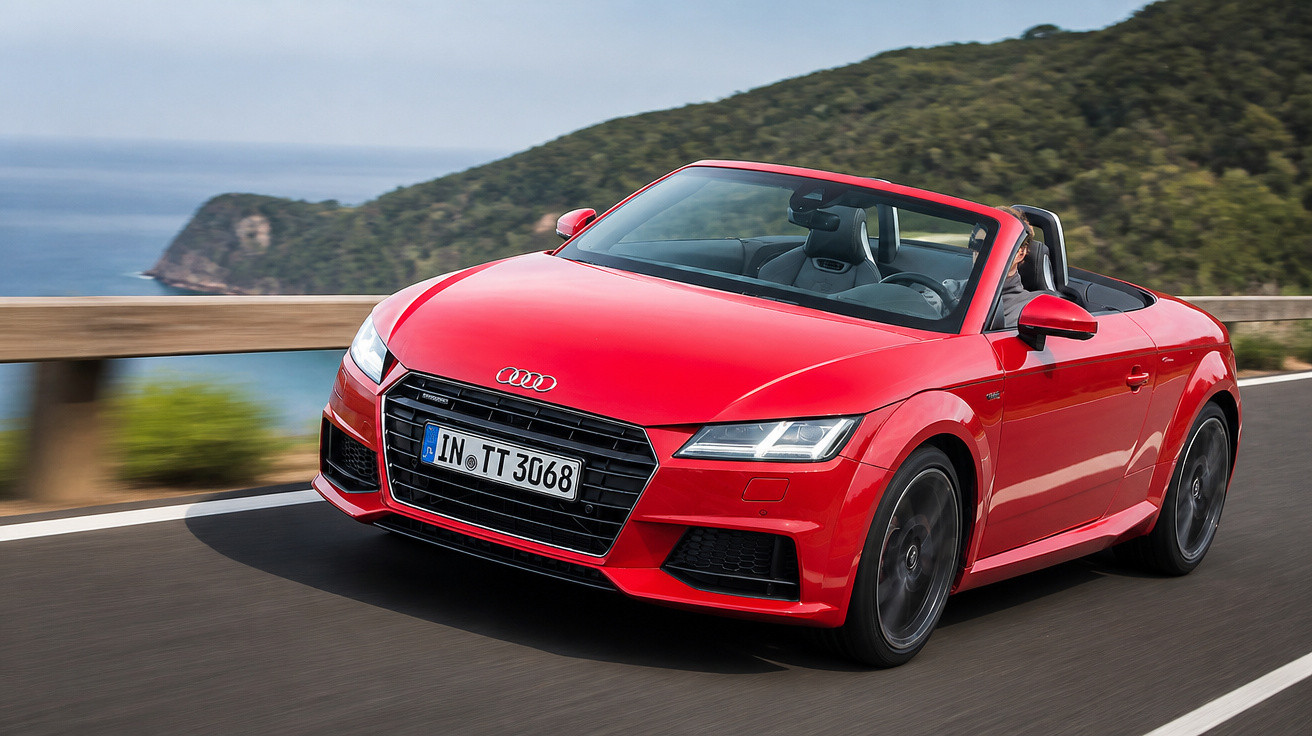 Carro conversível Audi vermelho dirigindo em estrada costeira com mar e vegetação ao fundo.