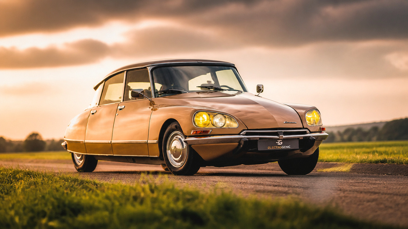 Carro clássico Citroën DS bege com faróis acesos em estrada ao entardecer, céu nublado.