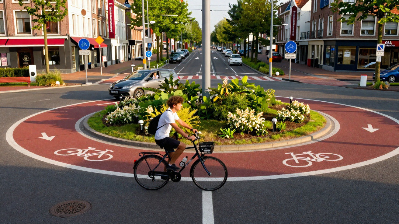 Jovem pedalando bicicleta em pista circular vermelha para ciclistas em rotatória urbana com carros e prédios.