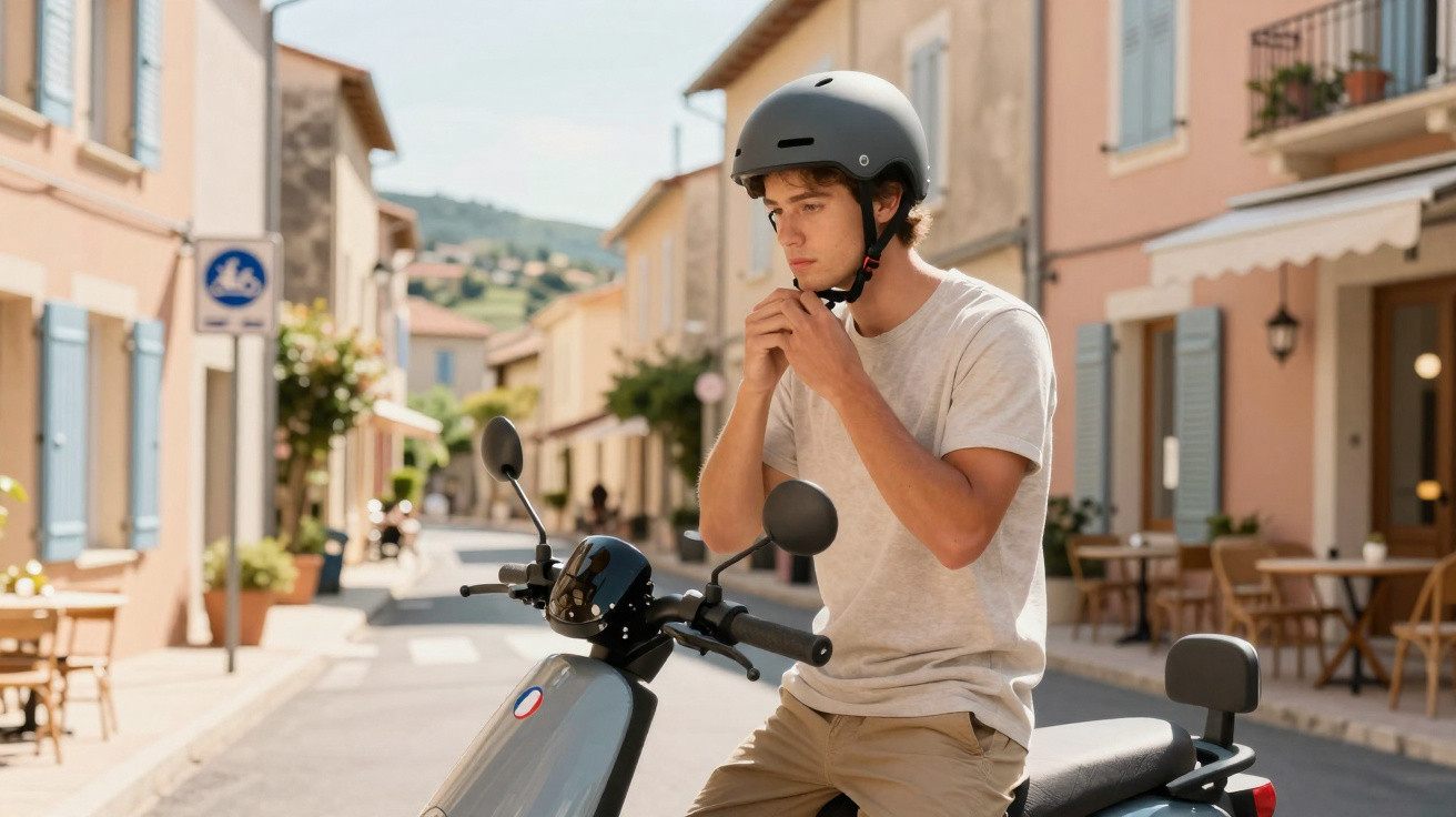 Jovem ajustando capacete sentado em scooter cinza em rua tranquila de cidade com casas coloridas.