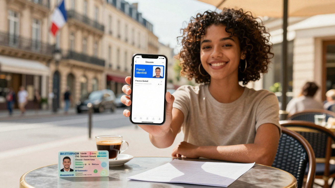 Mulher sorridente mostra documento de identidade digital no celular em café ao ar livre.