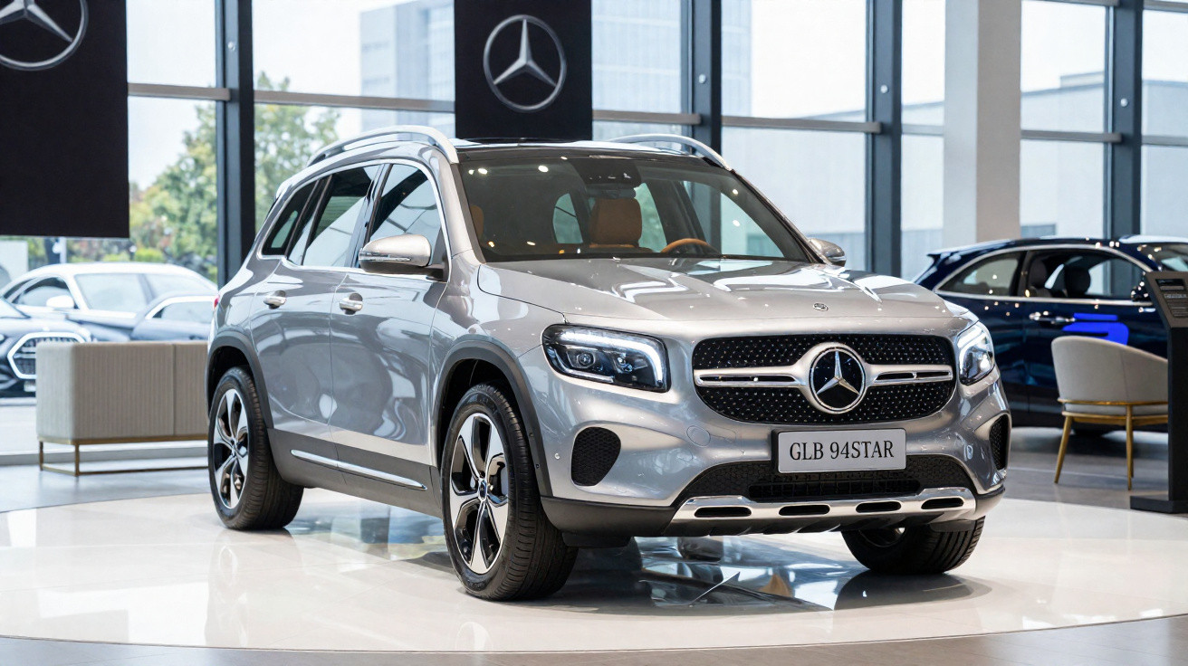 Carro SUV Mercedes-Benz prata exibido em showroom moderno com vidro e móveis ao fundo.