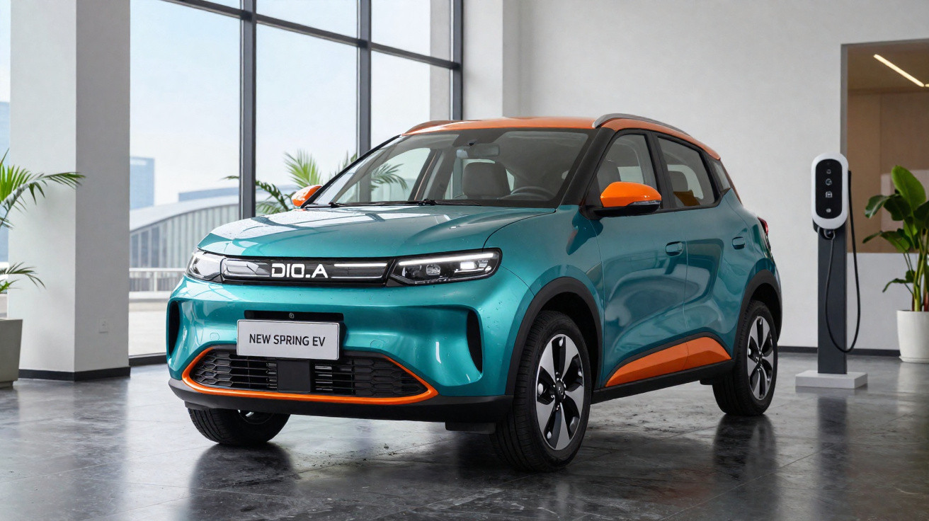 Carro elétrico DIO.A New Spring EV azul com detalhes laranja estático em ambiente interno moderno.