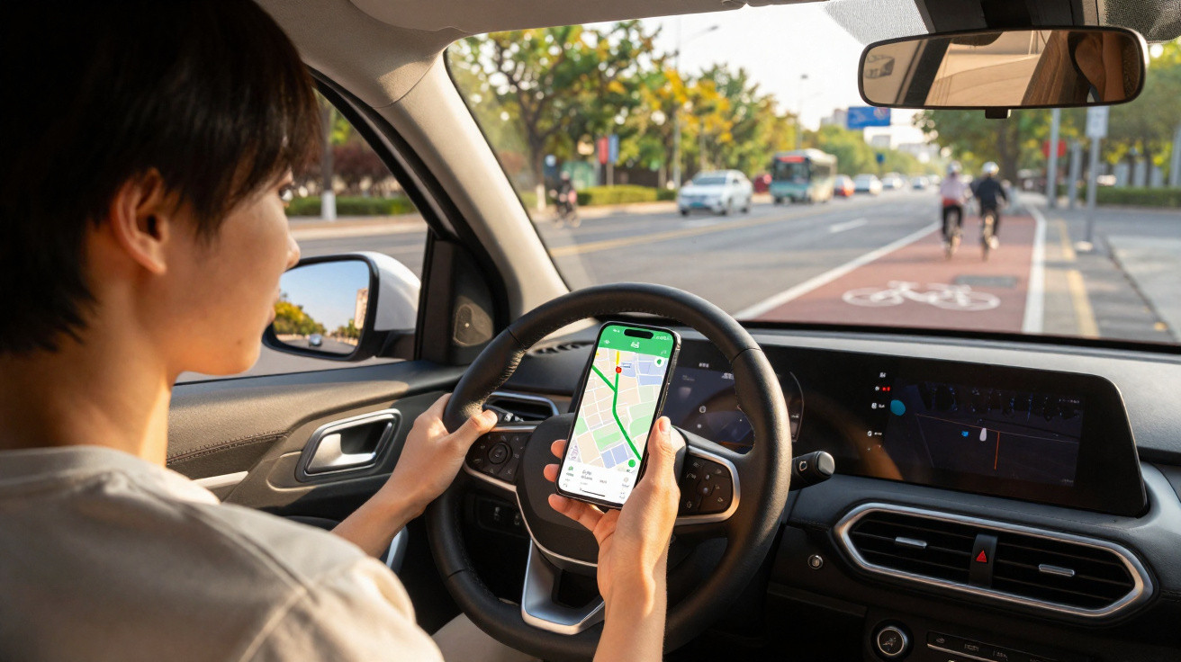 Pessoa segurando smartphone com mapa aberto enquanto dirige carro na cidade durante o dia.