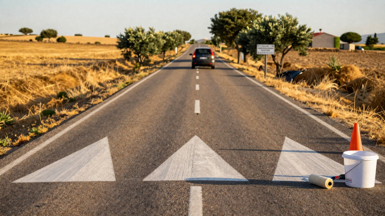 Estrada asfaltada com setas pintadas, carro em movimento e campos secos ao redor em dia ensolarado.