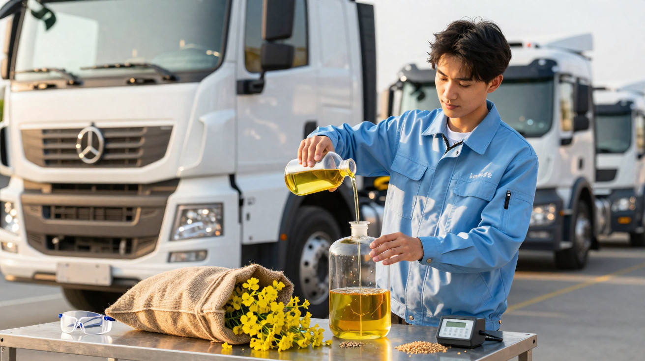 Homem em uniforme azul transfere óleo amarelo para frasco, com saco de flores amarelas e caminhões ao fundo.