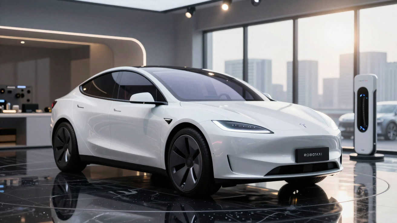 Carro elétrico branco Tesla Model S em showroom moderno com piso preto brilhante e carregador ao fundo.