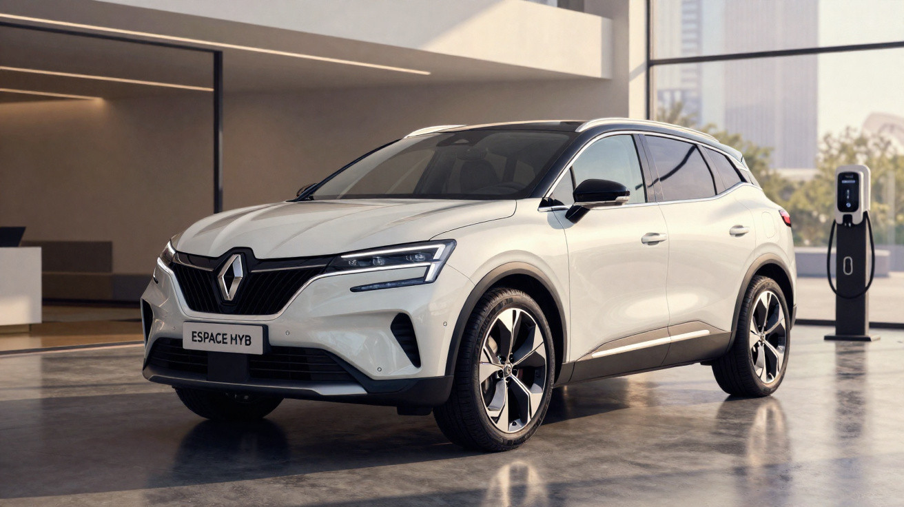 Carro SUV Renault Espace híbrido branco estacionado próximo a ponto de recarga elétrica em ambiente urbano.